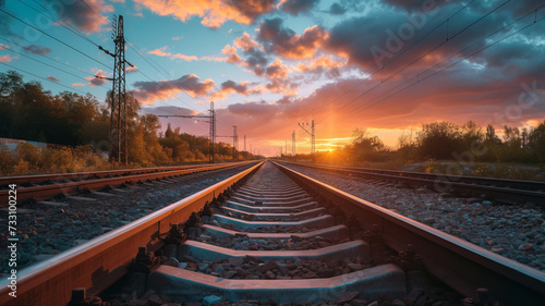 Sunset over railroad tracks, an AI Generative interpretation of a journey's start.