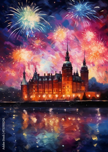 AI generated illustration of a palace situated on the water with a backdrop of colorful fireworks