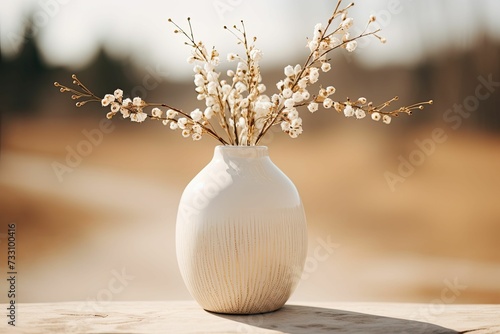 AI generated illustration of A Boho vase with wheet and flower, with a blurry background