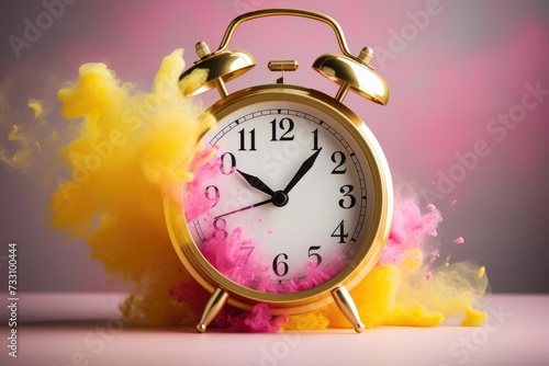AI generated illustration of A Alarm clock in colorful smoke, on a pink background