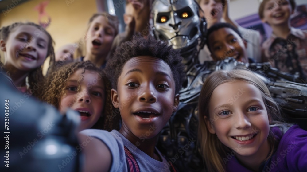 AI generated illustration of a group of students taking selfies with a robotic assistant AI generated illustration of a group of students taking selfies with a robotic assistant