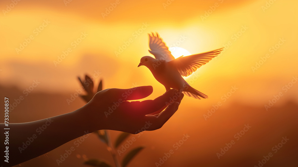 custom made wallpaper toronto digitalA dove of peace ascends from a hand against a golden sunset backdrop AI Generative.