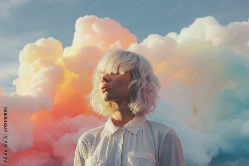 AI generated illustration of a beautiful young woman in the colorful pastel clouds