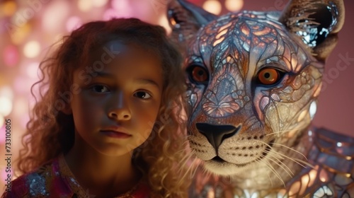 AI generated illustration of a young female  standing with a large robotic tiger