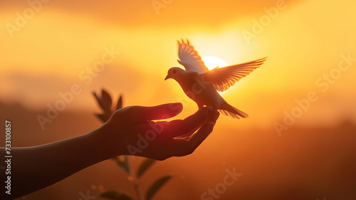 A dove of peace ascends from a hand against a golden sunset backdrop AI Generative. photo