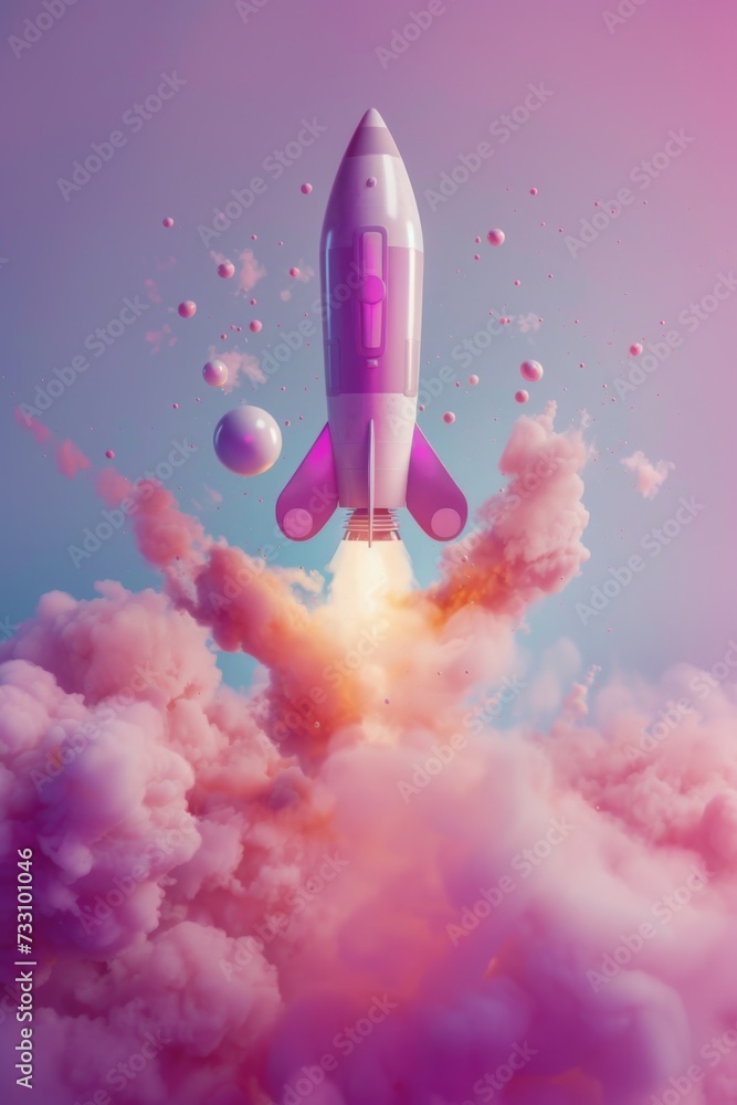 A stylized rocket launching in an abstract environment