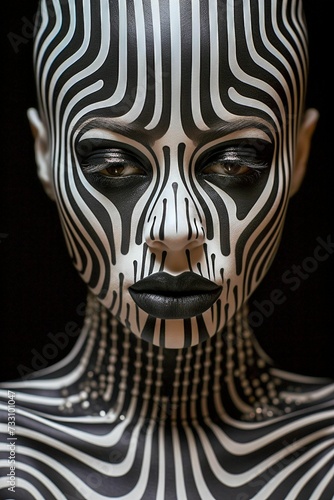 AI generated illustration of a woman with makeup of black and white stripes