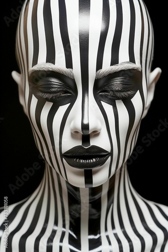 AI generated illustration of a woman with makeup of black and white stripes