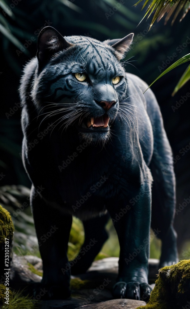 AI generated illustration of A powerful, wild feline standing in a lush jungle setting