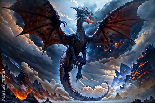 AI generated illustration of majestic mythical dragon with glowing eyes © Wirestock