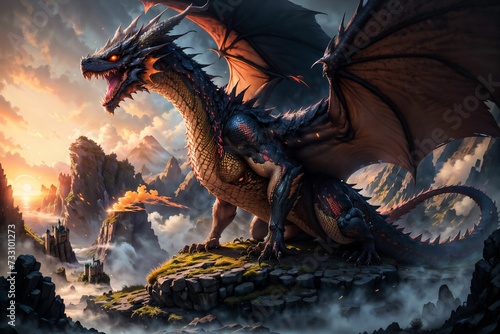 AI generated illustration of majestic mythical dragon with glowing eyes