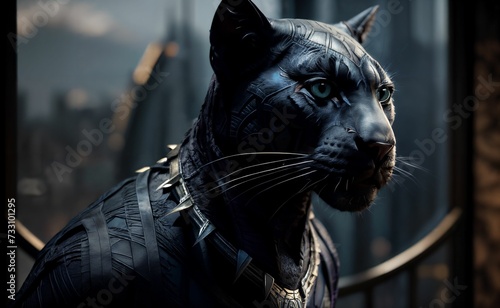 AI generated illustration of a majestic black panther stands proudly, its gaze strong and focused
