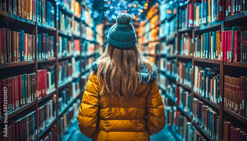 Girl walks through the library aisle full of books 