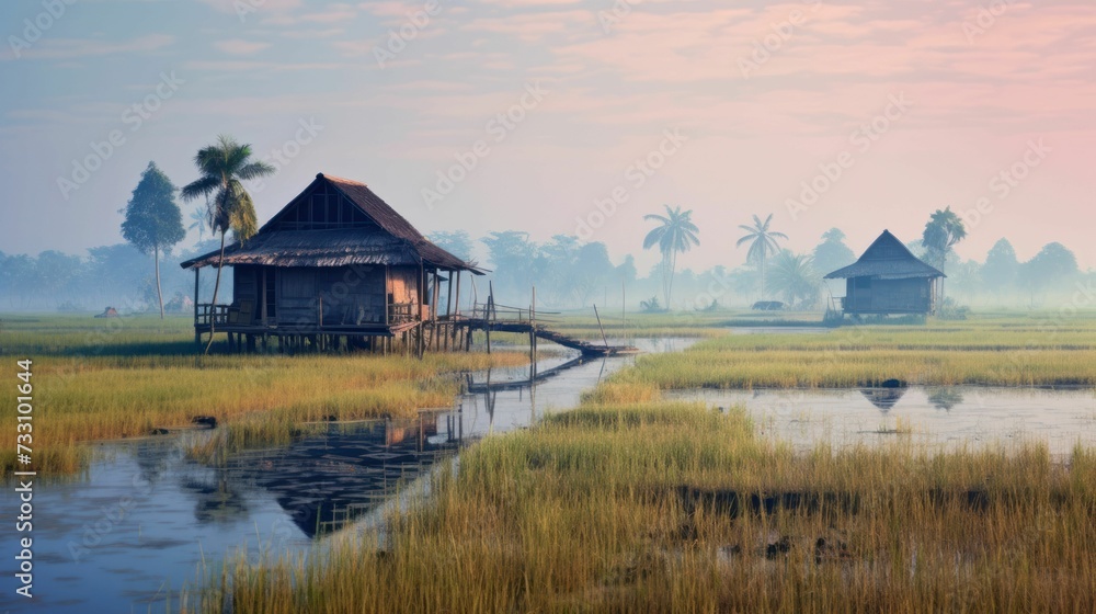 AI-generated illustration of a scenic rice field with small huts during sunset