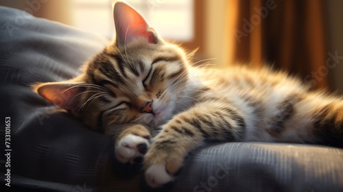 Relaxed kitty basking in comfort on a soft pillow. © ABDUL