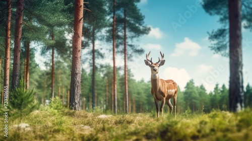 AI-generated illustration of a deer standing in a sunlit forest © Wirestock