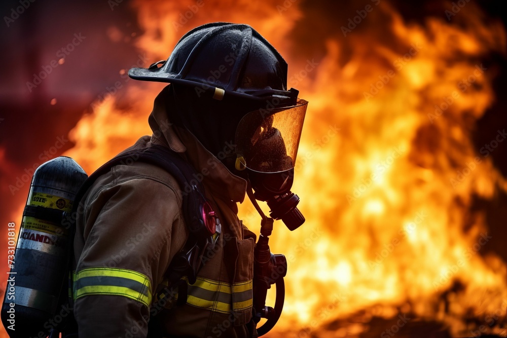 AI generated illustration of a brave firefighter in action, dousing a controlled fire AI generated illustration of a brave firefighter in action, dousing a controlled fire