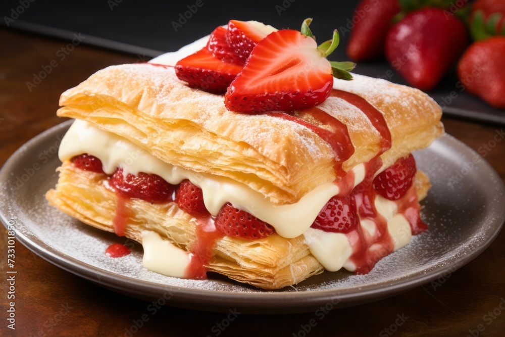AI generated illustration of a pastry filled with strawberries and creamy vanilla custard AI generated illustration of a pastry filled with strawberries and creamy vanilla custard