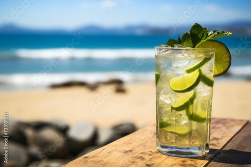 AI generated illustration of a refreshing cocktail with a lime garnish atop a wooden bench