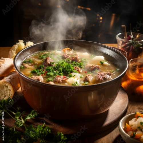 AI generated illustration of a steaming bowl of homemade soup, brimming with wholesome ingredients