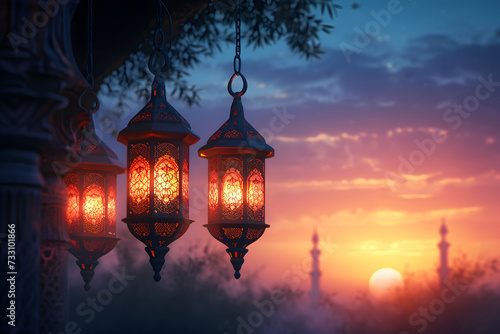 fanous Ramadan lanterns at night with mosque in the background. Neural network generated in January 2024. Not based on any actual scene or pattern. photo