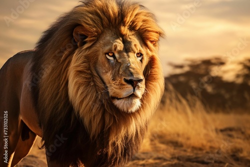 AI generated illustration of a powerful lion striding across an expansive dry grass field
