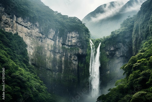 AI generated illustration of a majestic mountain with a waterfall cascading down its side
