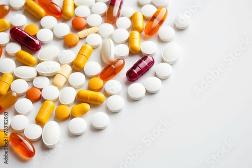 AI generated illustration of a variety of colorful pills and medical tablets on a white surface
