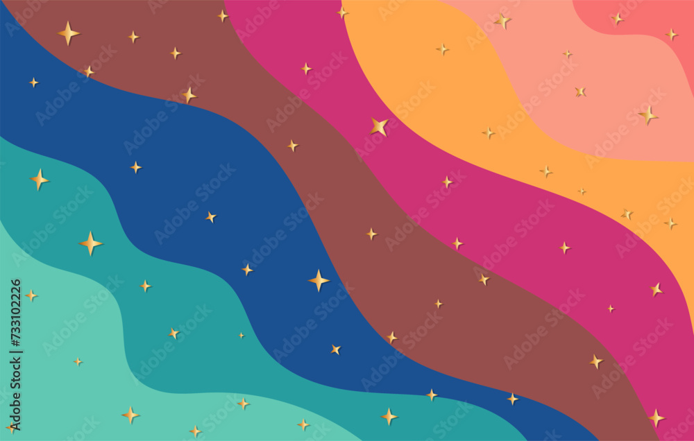 Abstract, colorful waves, creative, geometric, colorful background with patterns, gold stars, design for print, posters, cards, etc, illustration, vector
