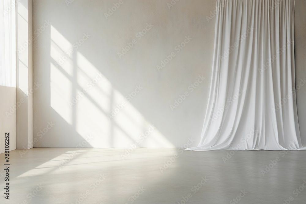 Fototapeta premium White curtain on a clean white wall illuminated by natural light. AI-generated.