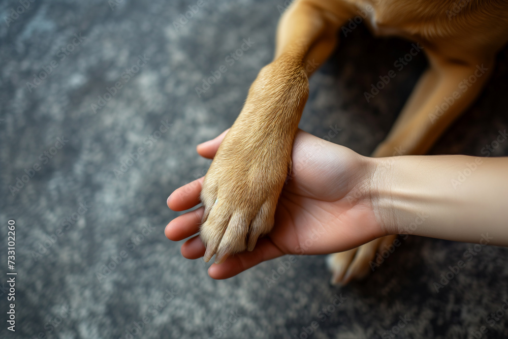Dog friendship, leg in hand human and animal care and love concept
