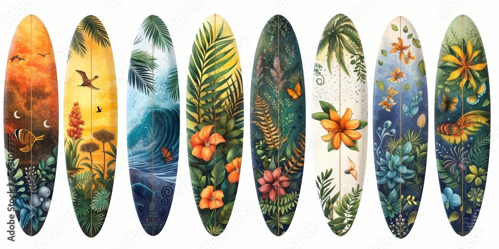 Vintage summer surf design with colorful surfboards, palm trees and waves for a tropical beach vibe. - obrazy, fototapety, plakaty 
