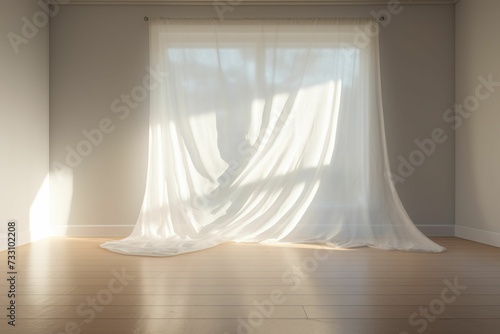 a window covered with a white sheer fabric and two large windows