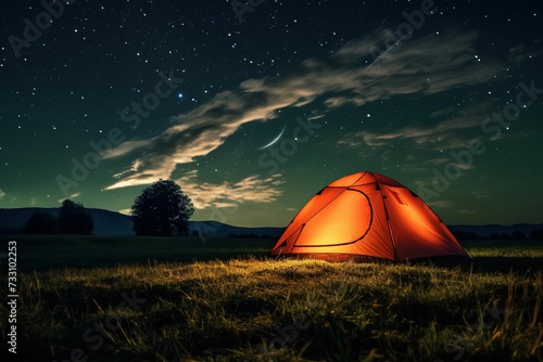 Camping tent set up in a grassy meadow under the starry sky. AI-generated.