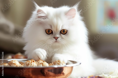 Portrait of a cute white Persian cat with golden eyes sitting near a bowl of food. AI-generated.