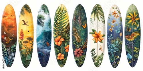 Vintage summer surf design with colorful surfboards, palm trees and waves for a tropical beach vibe. photo