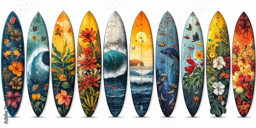 Colorful surfboards on a white background with a vibrant tropical beach design for an active summer holiday.