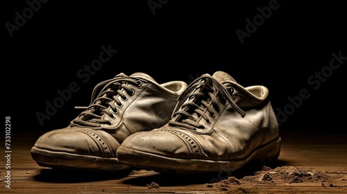 AI-generated illustration of a pair of dirty shoes lying on a wooden floor with a black background