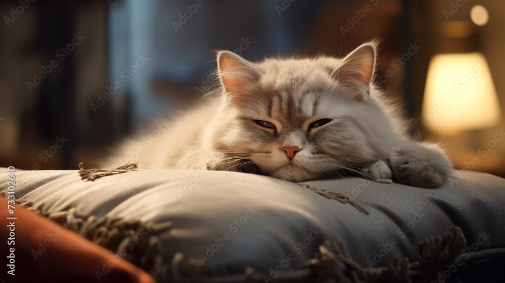 Soothing scene of a cat on a soft cushion.