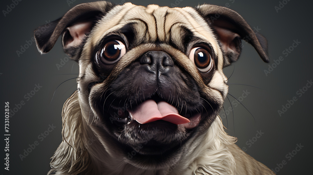 Pug with a wrinkled face and adorable tongue-out expression