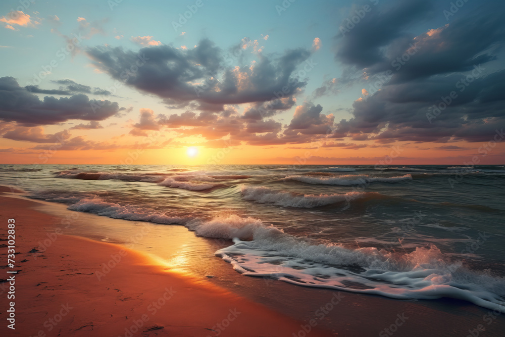 Breathtaking sunset over the ocean with waves gently crashing onto the shore, AI Generative.