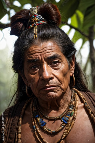Portrait of a Native American person in a traditional costume in a lush jungle © Wirestock