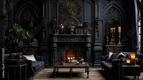 AI generated illustration of a gothic revival style living room and a lit fireplace photo