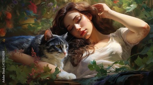 Surrounded by nature, a young woman and her cat bask in the serenity of their bond, the world around them fading into insignificance.