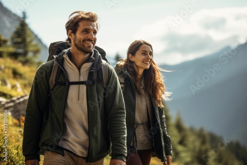 AI generated illustration of a young couple hiking in a picturesque mountain landscape