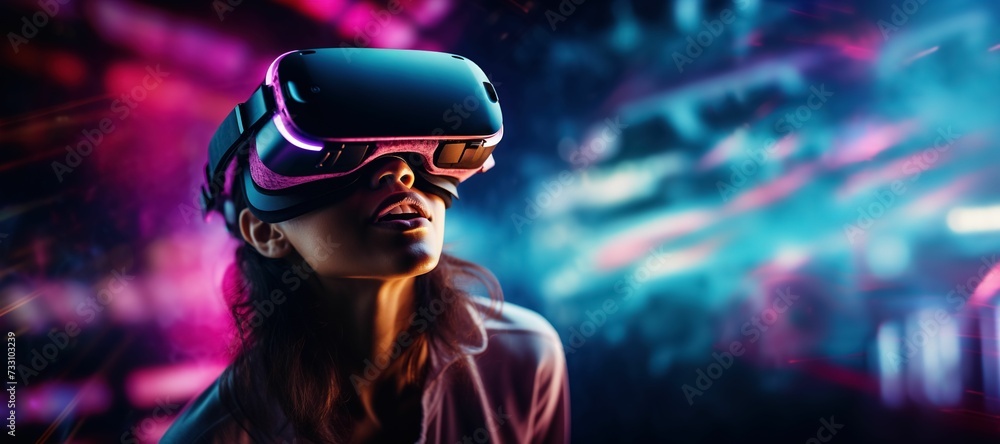 Young woman wearing a VR headset against a dark neon background. AI-generated. Young woman wearing a VR headset against a dark neon background. AI-generated.