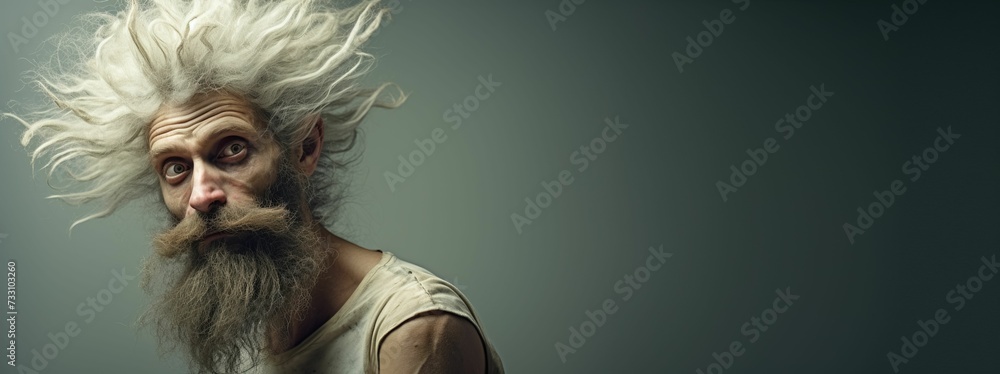 AI generated illustration of a man with long white hair and a beard on a gray background - obrazy, fototapety, plakaty 