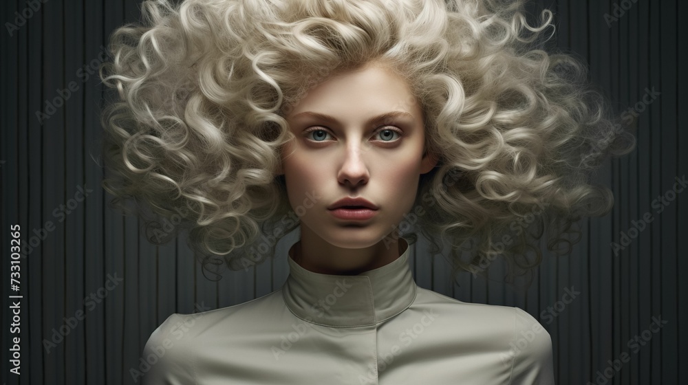 AI-generated illustration of A young adult female with white curly hair