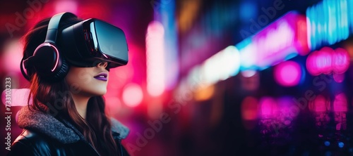 Young female wearing a VR headset, AI-generated. © Wirestock