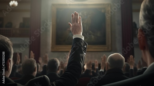 Person in the audience raising their hand surrounded by other people, AI-generated.